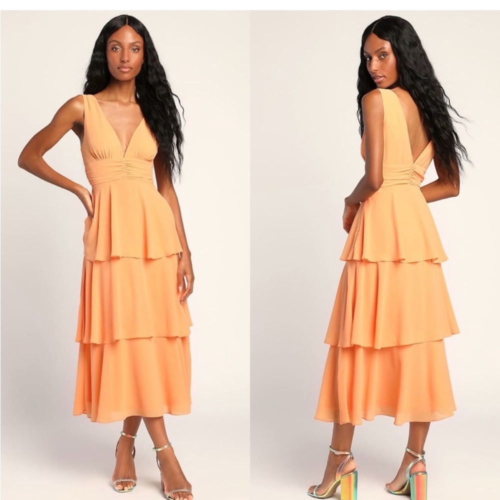 Lulus - Celebration Time Light Orange Sleeveless Tiered Midi Dress